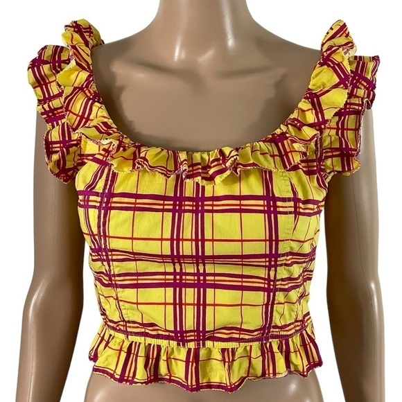 L'Academie Tops - L’ Academie Los Angeles The Laci Crop Top In Yellow Plaid Size Small Side zip